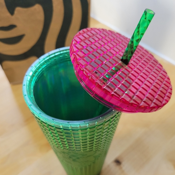 Starbucks 2023 Iridescent ‘Sprout’ Green Pink Grid Bling Venti Tumbler - Picture 2 of 9